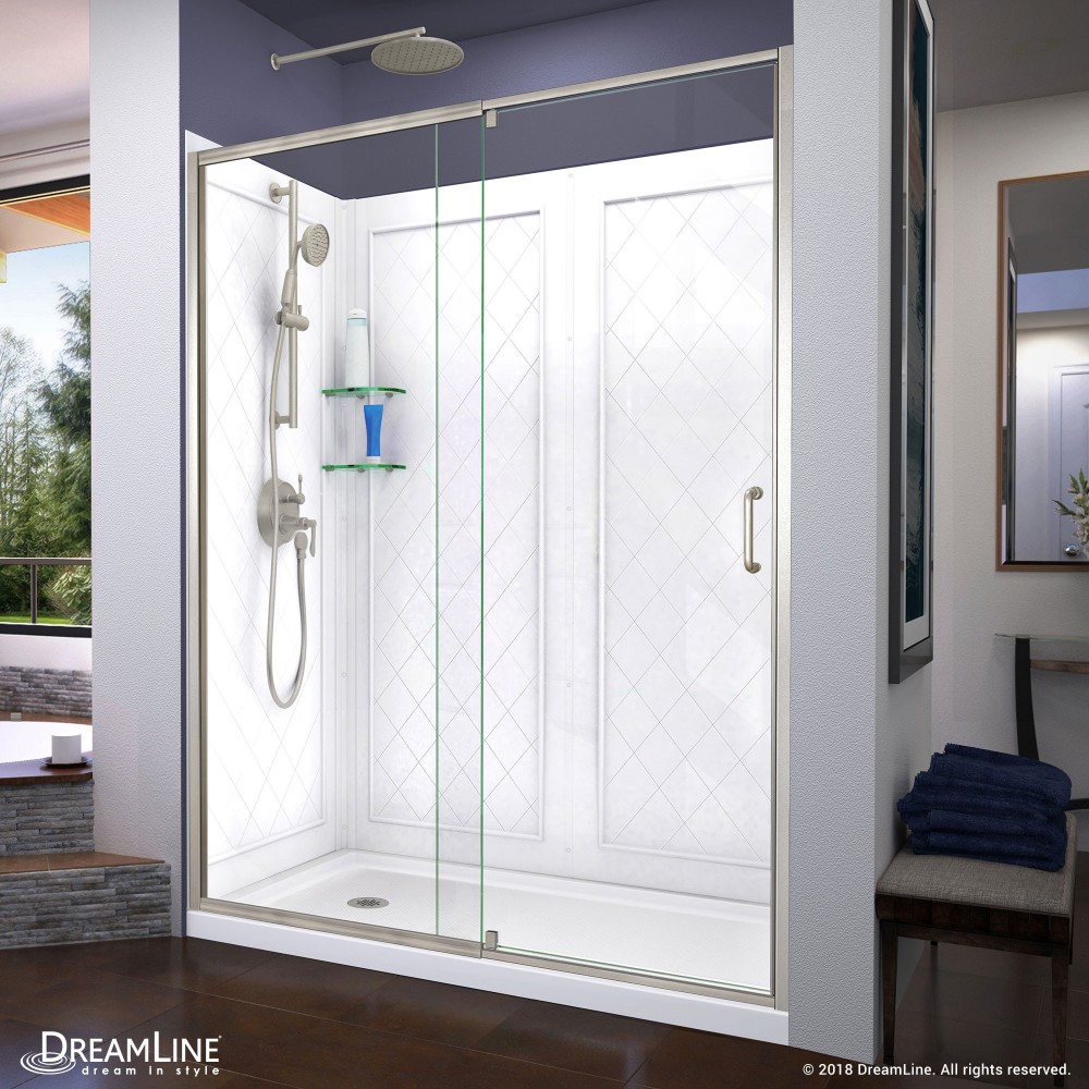 Flex 34 in. D x 60 in. W x 76 3/4 in. H Semi-Frameless Shower Door in Brushed Nickel with Left Drain Base and Backwalls