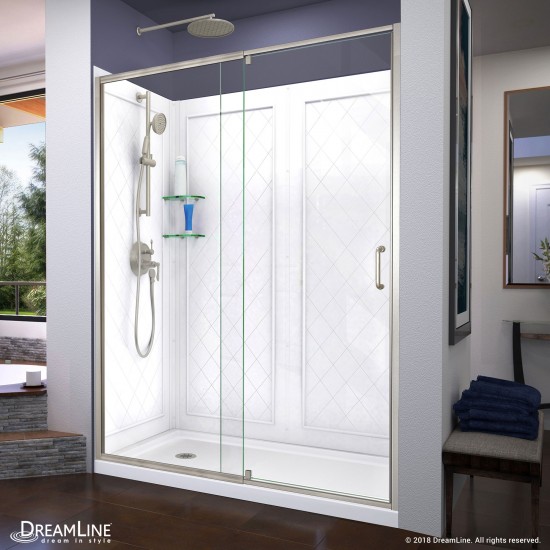 Flex 36 in. D x 60 in. W x 76 3/4 in. H Semi-Frameless Shower Door in Brushed Nickel with Left Drain Base and Backwalls