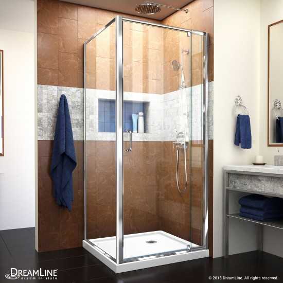 Flex 36 in. D x 36 in. W x 74 3/4 in. H Semi-Frameless Pivot Shower Enclosure in Chrome with Corner Drain White Base