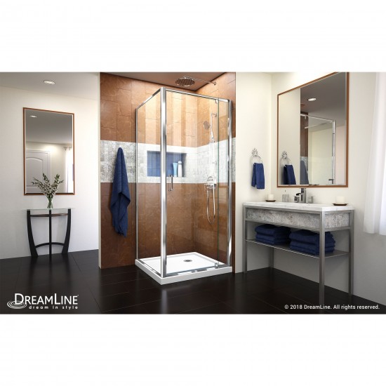 Flex 36 in. D x 36 in. W x 74 3/4 in. H Semi-Frameless Pivot Shower Enclosure in Chrome with Corner Drain White Base