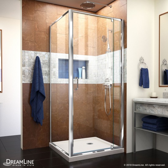 Flex 32 in. D x 32 in. W x 74 3/4 in. H Semi-Frameless Pivot Shower Enclosure in Chrome with Corner Drain Biscuit Base