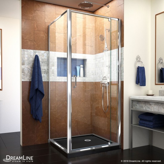 Flex 32 in. D x 32 in. W x 74 3/4 in. H Semi-Frameless Pivot Shower Enclosure in Chrome with Corner Drain Black Base