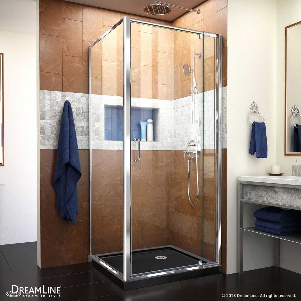 Flex 36 in. D x 36 in. W x 74 3/4 in. H Semi-Frameless Pivot Shower Enclosure in Chrome with Corner Drain Black Base