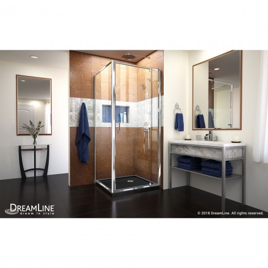 Flex 36 in. D x 36 in. W x 74 3/4 in. H Semi-Frameless Pivot Shower Enclosure in Chrome with Corner Drain Black Base