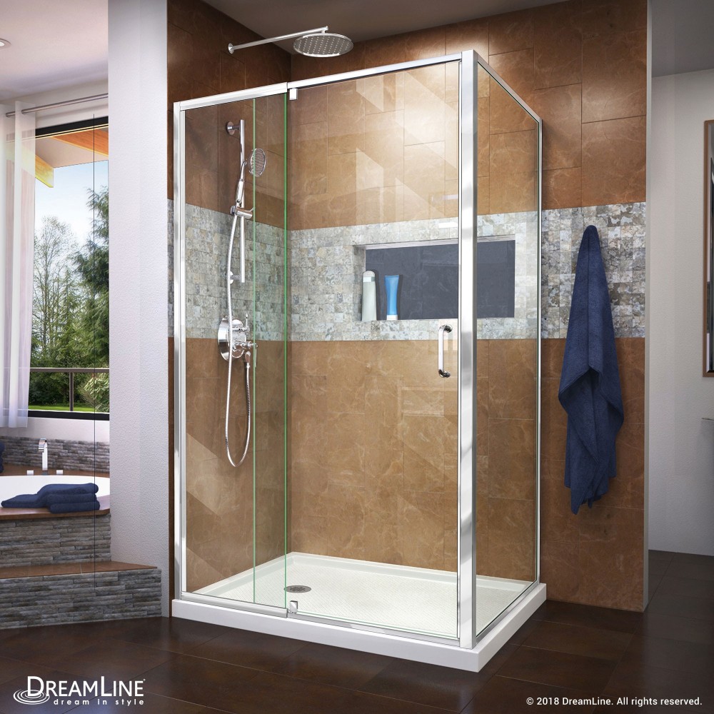 Flex 36 in. D x 48 in. W x 74 3/4 in. H Semi-Frameless Pivot Shower Enclosure in Chrome with Left Drain White Base Kit