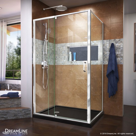 Flex 36 in. D x 48 in. W x 74 3/4 in. H Semi-Frameless Pivot Shower Enclosure in Chrome with Left Drain Black Base Kit