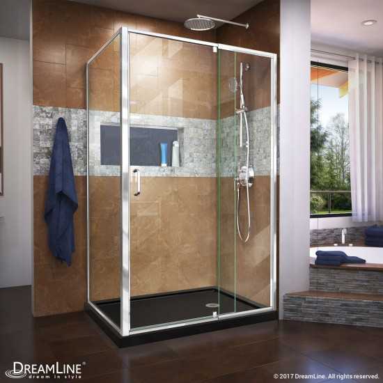 Flex 36 in. D x 48 in. W x 74 3/4 in. H Semi-Frameless Pivot Shower Enclosure in Chrome with Right Drain Black Base Kit