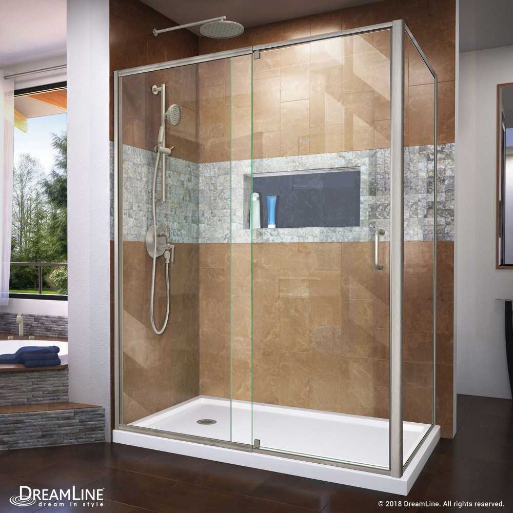 Flex 36 in. D x 60 in. W x 74 3/4 in. H Semi-Frameless Shower Enclosure in Brushed Nickel with Left Drain White Base Kit