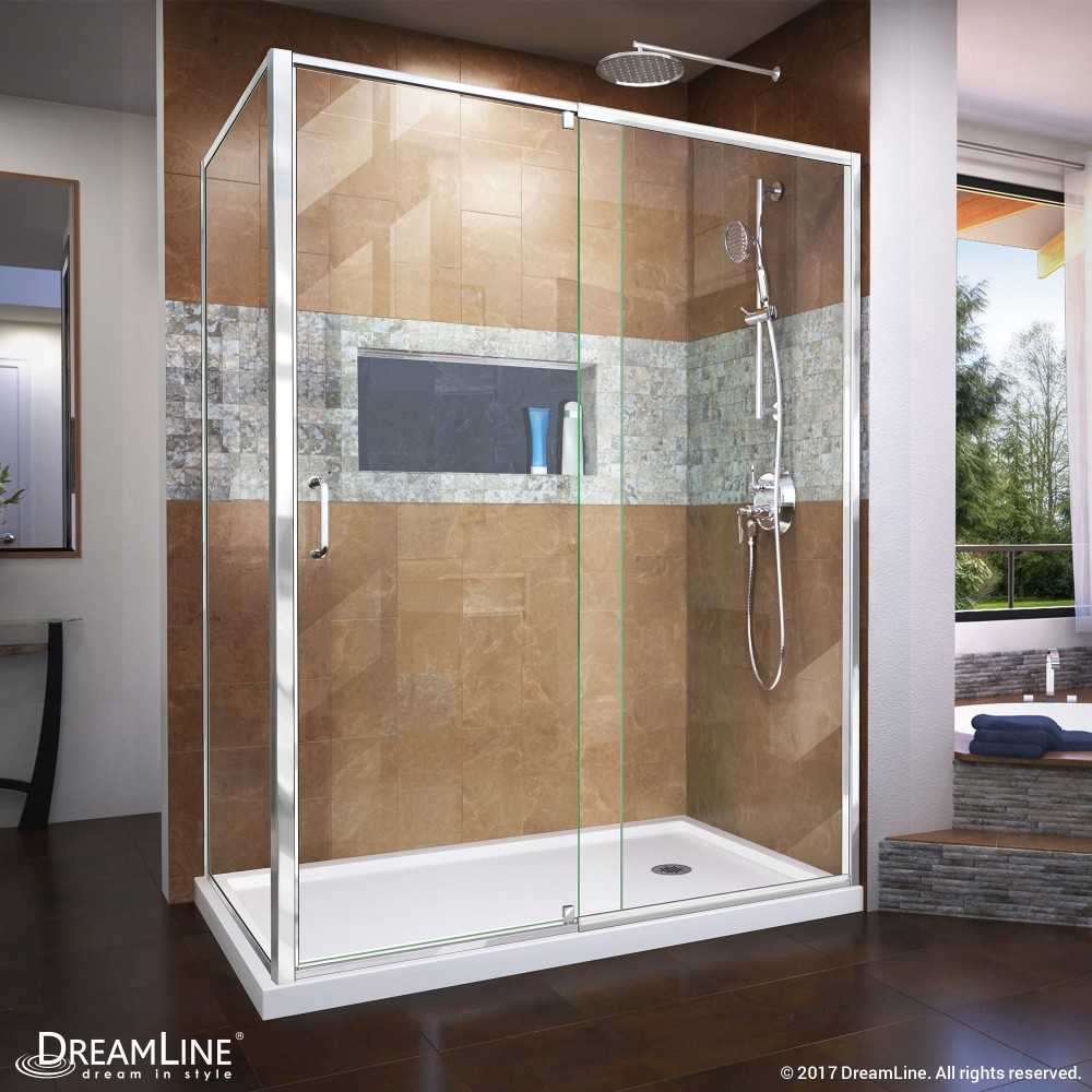 Flex 36 in. D x 60 in. W x 74 3/4 in. H Semi-Frameless Pivot Shower Enclosure in Chrome with Right Drain White Base Kit