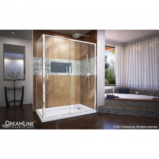 Flex 36 in. D x 60 in. W x 74 3/4 in. H Semi-Frameless Pivot Shower Enclosure in Chrome with Right Drain White Base Kit