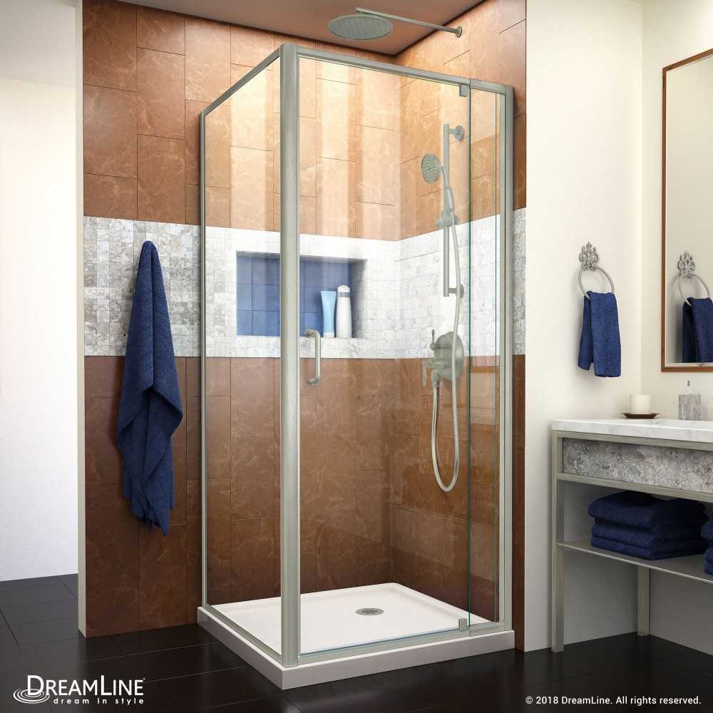 Flex 32 in. D x 32 in. W x 74 3/4 in. H Semi-Frameless Pivot Shower Enclosure in Brushed Nickel and Biscuit Base Kit