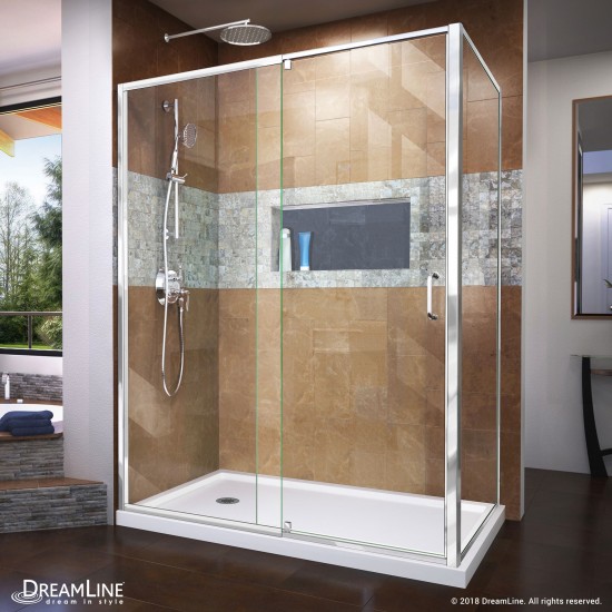 Flex 36 in. D x 60 in. W x 74 3/4 in. H Semi-Frameless Pivot Shower Enclosure in Chrome with Left Drain White Base Kit