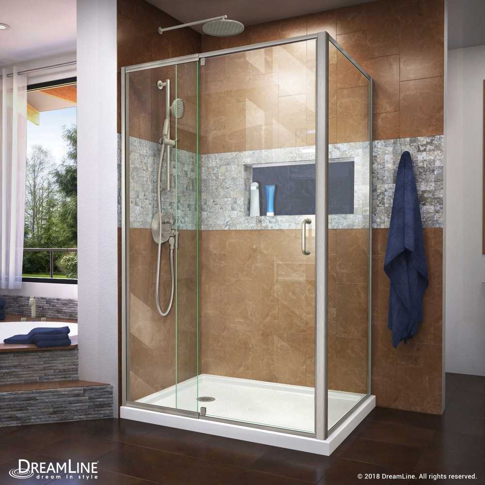 Flex 36 in. D x 48 in. W x 74 3/4 in. H Semi-Frameless Shower Enclosure in Brushed Nickel with Left Drain White Base Kit