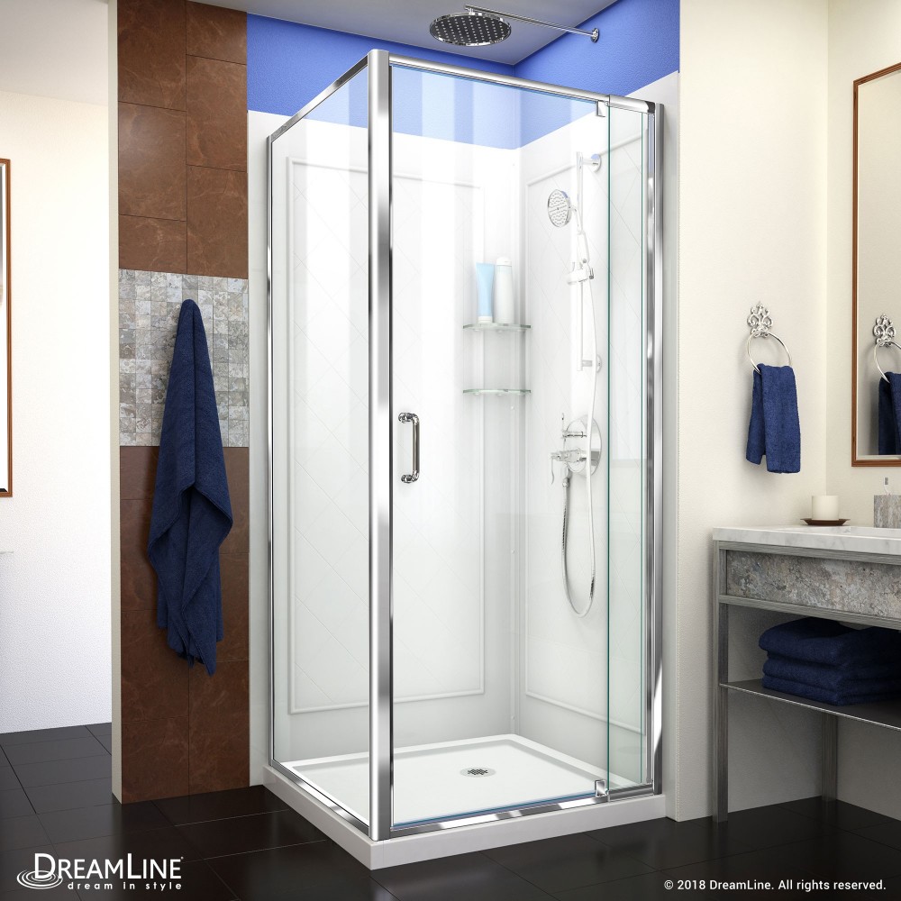 Flex 32 in. D x 32 in. W x 76 3/4 in. H Semi-Frameless Shower Enclosure in Chrome with Corner Drain Base and Backwalls