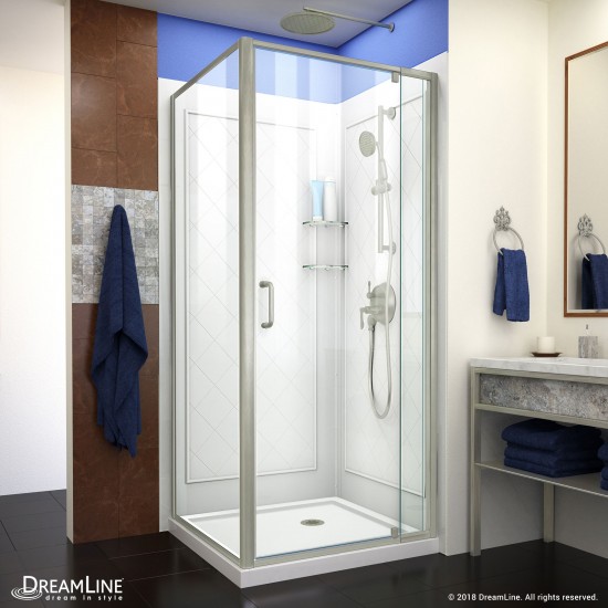 Flex 32 in. D x 32 in. W x 76 3/4 in. H Semi-Frameless Shower Enclosure in Brushed Nickel with White Base and Backwalls