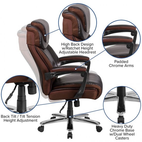 Big & Tall Office Chair | Brown LeatherSoft Executive Swivel Office Chair with Headrest and Wheels