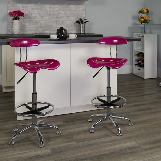 Vibrant Pink and Chrome Drafting Stool with Tractor Seat
