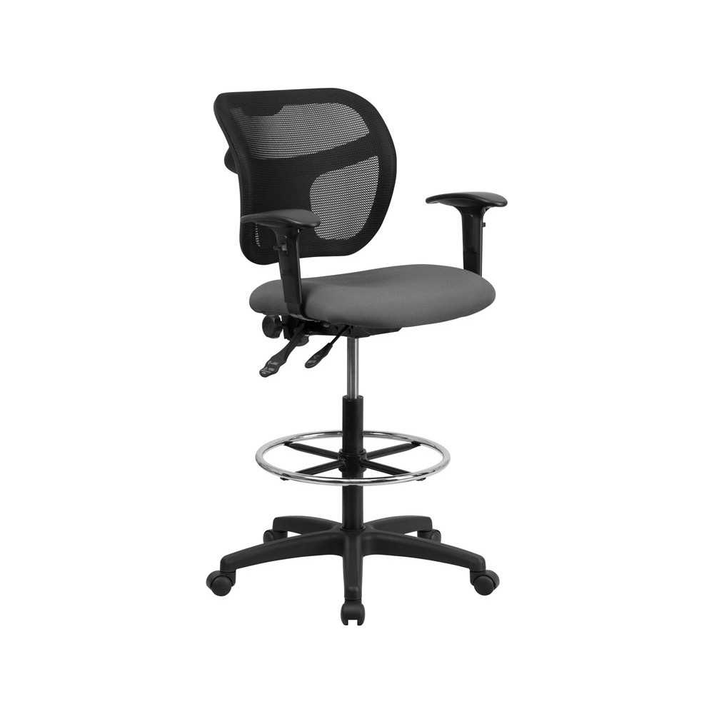 Mid-Back Gray Mesh Drafting Chair with Back Height Adjustment and Adjustable Arms