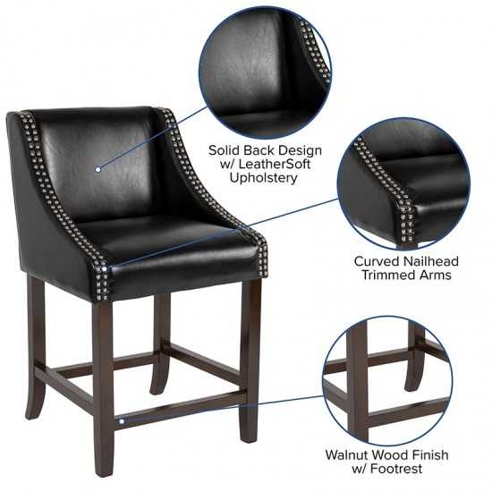 Carmel Series 24" High Transitional Walnut Counter Height Stool with Accent Nail Trim in Black LeatherSoft