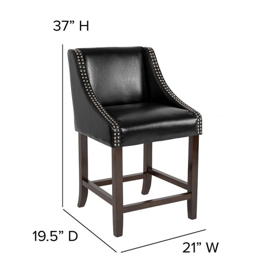 Carmel Series 24" High Transitional Walnut Counter Height Stool with Accent Nail Trim in Black LeatherSoft