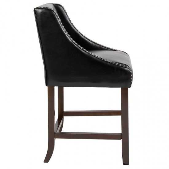 Carmel Series 24" High Transitional Walnut Counter Height Stool with Accent Nail Trim in Black LeatherSoft