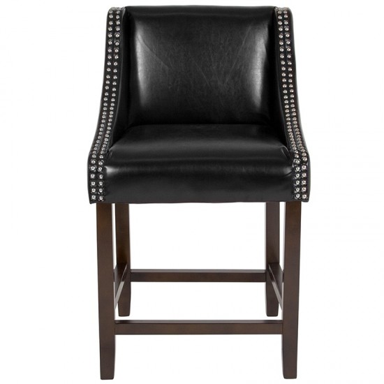 Carmel Series 24" High Transitional Walnut Counter Height Stool with Accent Nail Trim in Black LeatherSoft