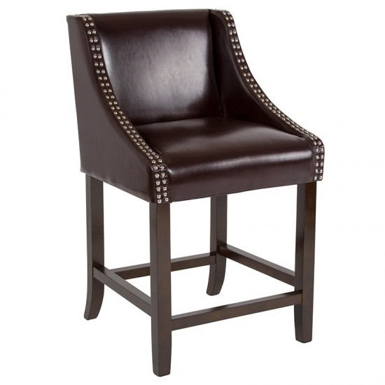 Carmel Series 24" High Transitional Walnut Counter Height Stool with Accent Nail Trim in Brown LeatherSoft