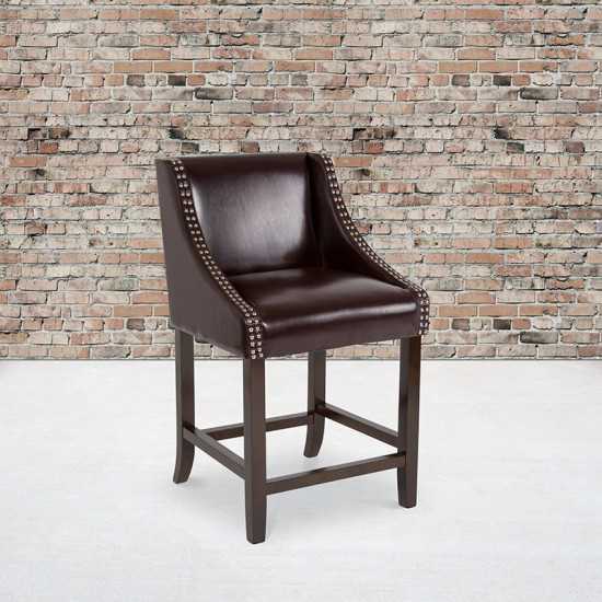 Carmel Series 24" High Transitional Walnut Counter Height Stool with Accent Nail Trim in Brown LeatherSoft