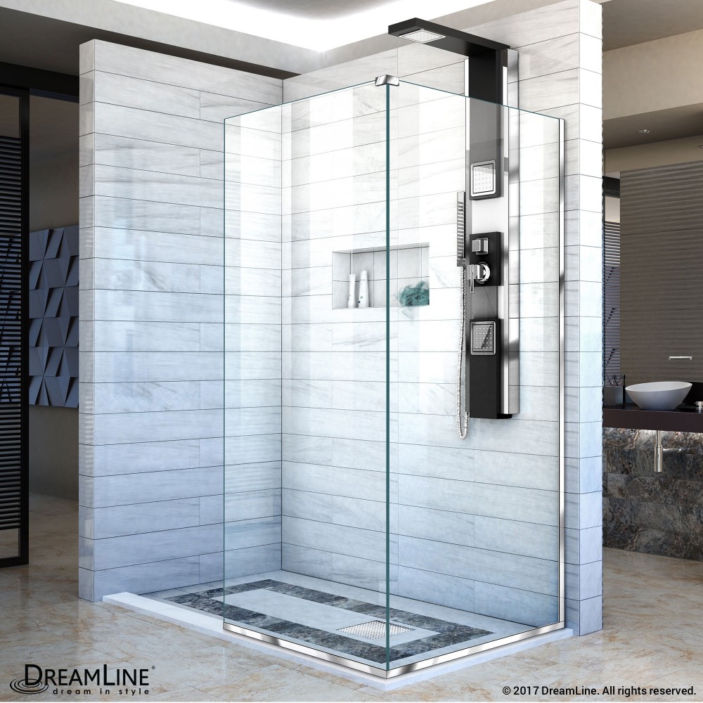 Linea Two Adjacent Frameless Shower Screens 30 in. W x 72 in. H each, Open Entry Design in Chrome