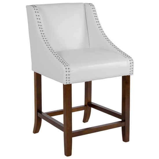 Carmel Series 24" High Transitional Walnut Counter Height Stool with Accent Nail Trim in White LeatherSoft