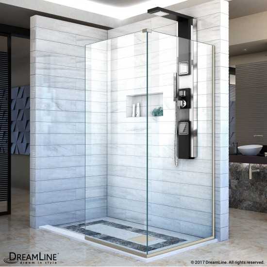Linea Two Adjacent Frameless Shower Screens 34 in. W x 72 in. H each, Open Entry Design in Brushed Nickel