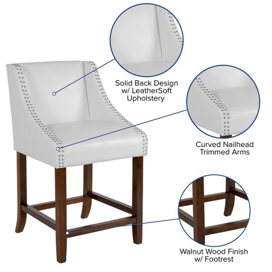 Carmel Series 24" High Transitional Walnut Counter Height Stool with Accent Nail Trim in White LeatherSoft