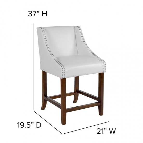 Carmel Series 24" High Transitional Walnut Counter Height Stool with Accent Nail Trim in White LeatherSoft