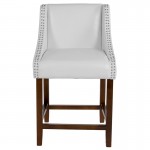 Carmel Series 24" High Transitional Walnut Counter Height Stool with Accent Nail Trim in White LeatherSoft