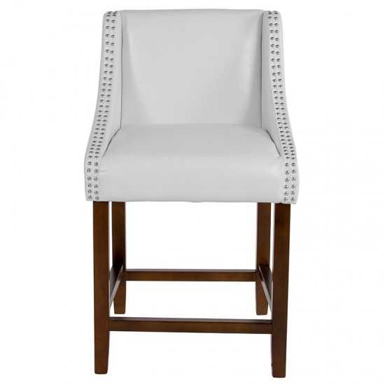 Carmel Series 24" High Transitional Walnut Counter Height Stool with Accent Nail Trim in White LeatherSoft