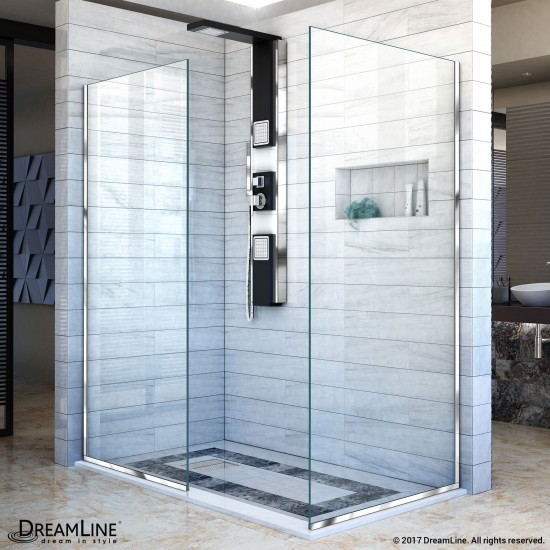 Linea Two Individual Frameless Shower Screens 34 in. and 30 in. W x 72 in. H, Open Entry Design in Chrome