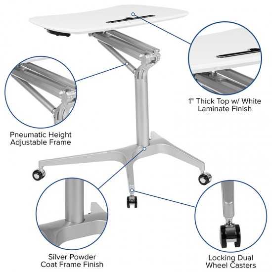 Mobile Sit-Down, Stand-Up White Computer Ergonomic Desk with 28.25"W Top (Adjustable Range 29" - 41")