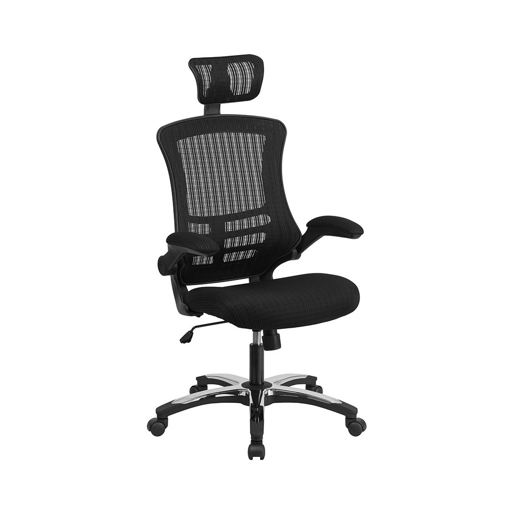 High-Back Black Mesh Swivel Ergonomic Executive Office Chair with Flip-Up Arms and Adjustable Headrest, BIFMA Certified