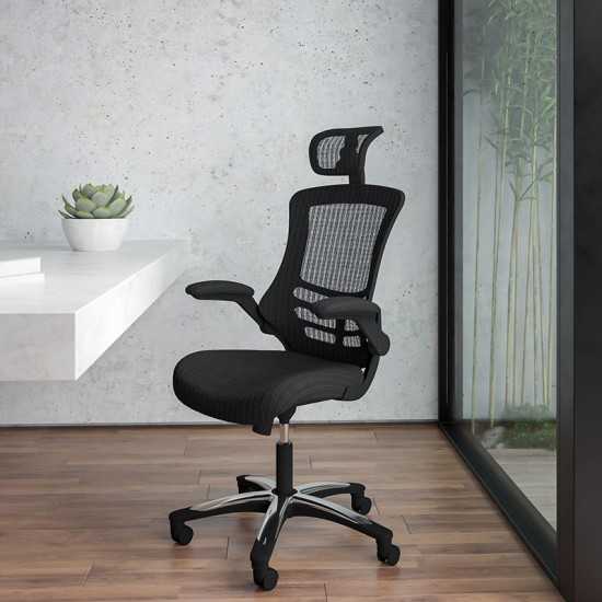 High-Back Black Mesh Swivel Ergonomic Executive Office Chair with Flip-Up Arms and Adjustable Headrest, BIFMA Certified