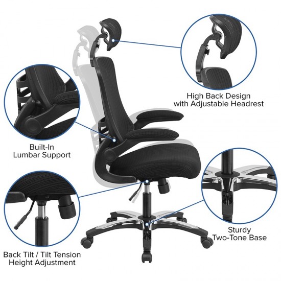 High-Back Black Mesh Swivel Ergonomic Executive Office Chair with Flip-Up Arms and Adjustable Headrest, BIFMA Certified