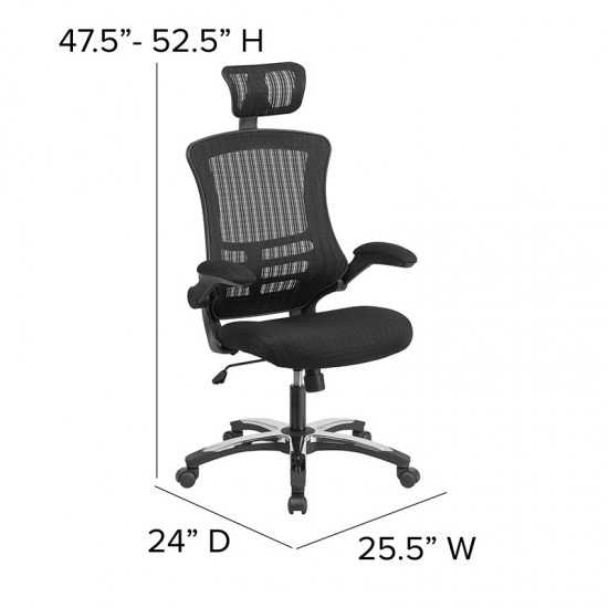 High-Back Black Mesh Swivel Ergonomic Executive Office Chair with Flip-Up Arms and Adjustable Headrest, BIFMA Certified