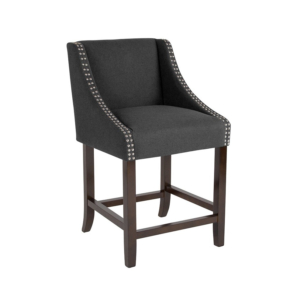 Carmel Series 24" High Transitional Walnut Counter Height Stool with Accent Nail Trim in Charcoal Fabric