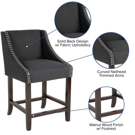 Carmel Series 24" High Transitional Walnut Counter Height Stool with Accent Nail Trim in Charcoal Fabric