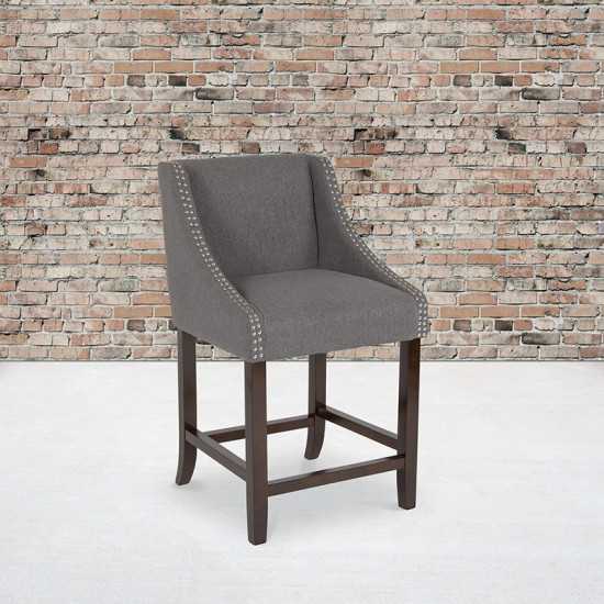 Carmel Series 24" High Transitional Walnut Counter Height Stool with Accent Nail Trim in Dark Gray Fabric