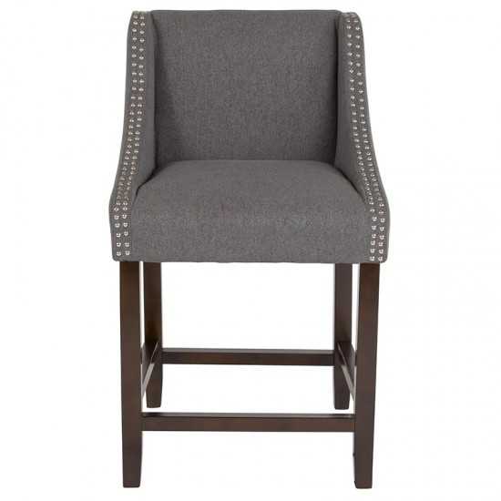 Carmel Series 24" High Transitional Walnut Counter Height Stool with Accent Nail Trim in Dark Gray Fabric