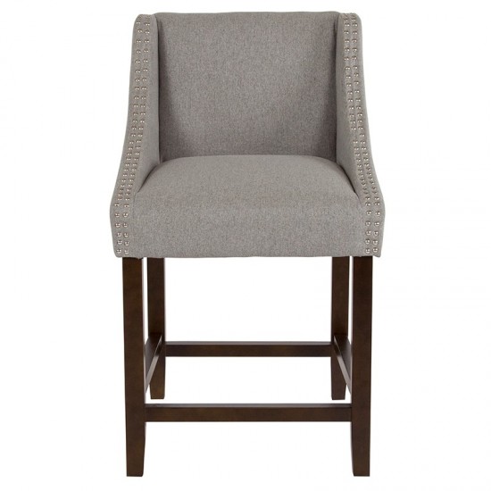 Carmel Series 24" High Transitional Walnut Counter Height Stool with Accent Nail Trim in Light Gray Fabric