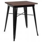 23.5" Square Black Metal Indoor Table with Walnut Rustic Wood Top