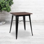 23.5" Square Black Metal Indoor Table with Walnut Rustic Wood Top