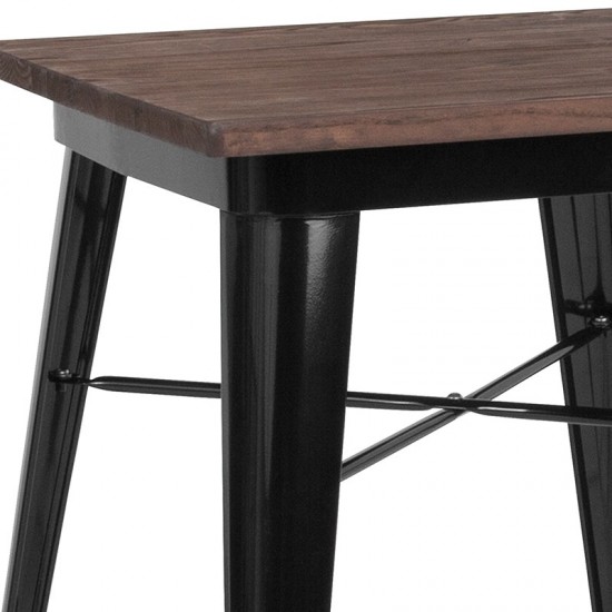 23.5" Square Black Metal Indoor Table with Walnut Rustic Wood Top