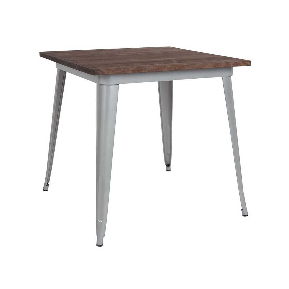 31.5" Square Silver Metal Indoor Table with Walnut Rustic Wood Top